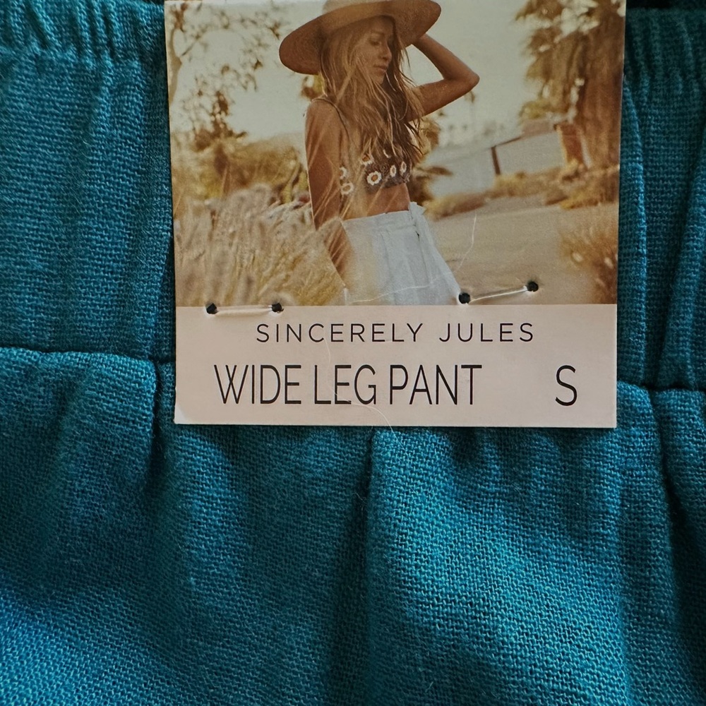Sincerly Jules Wide Leg Pants Teal Blue Size Small Linen Blend NEW - Picture 4 of 12